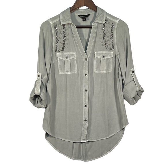 Rock & Republic Utility Shirt Women Size XS Light‎ Green Beaded Shoulder Detail - Picture 1 of 12